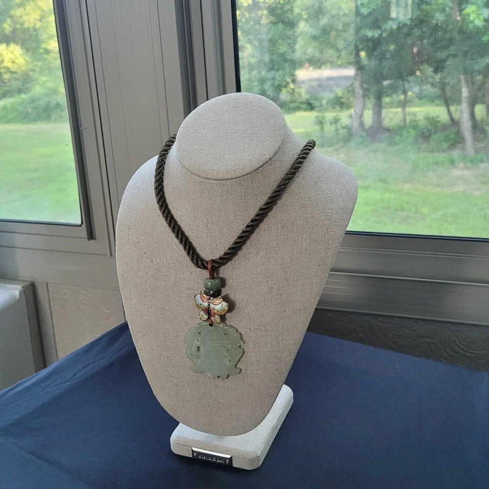 Vintage Chinese Carved Jade Cicada Pendant Cloisonne Butterfly Silk Cord